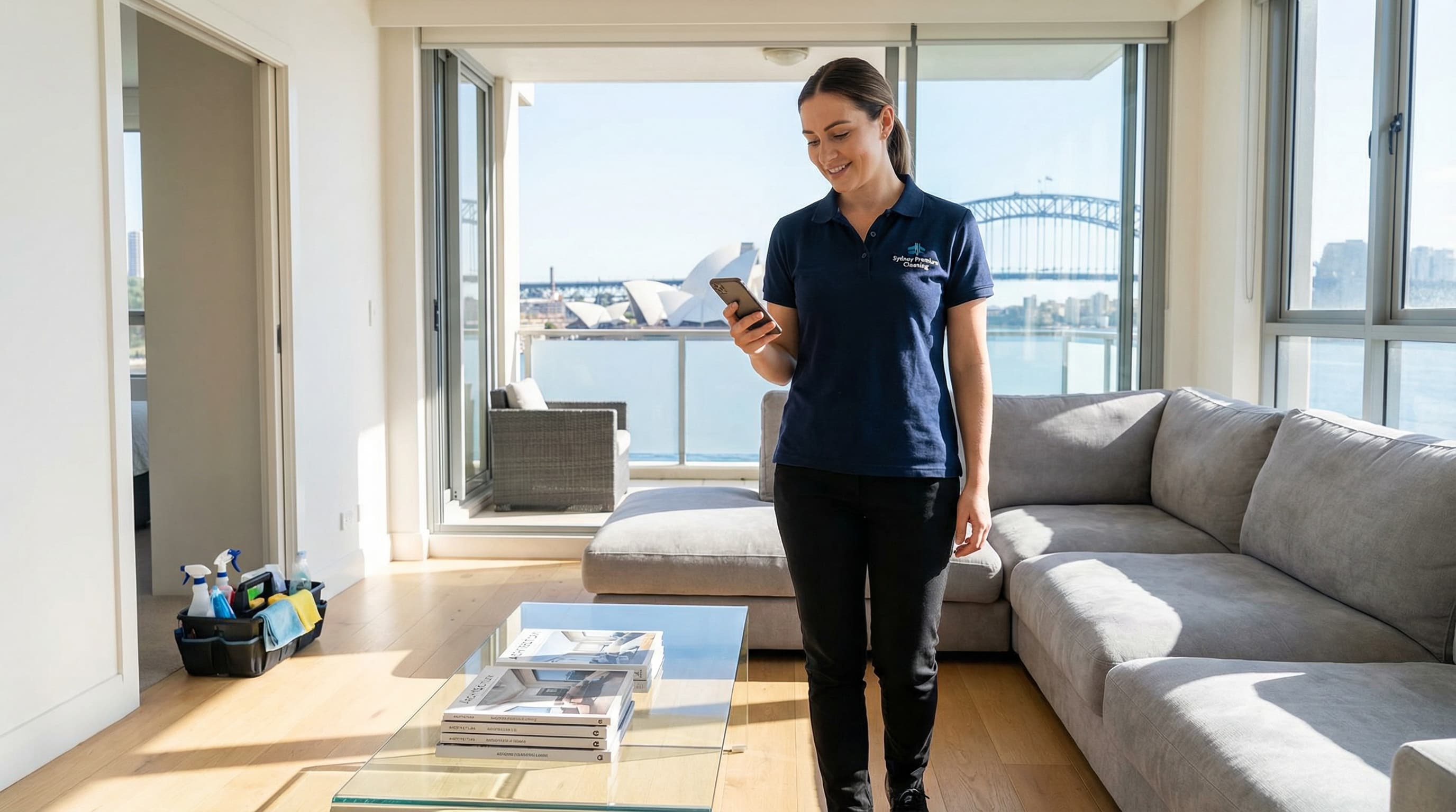 Professional cleaner completing turnover in bright Sydney Airbnb apartment with mobile checklist app
