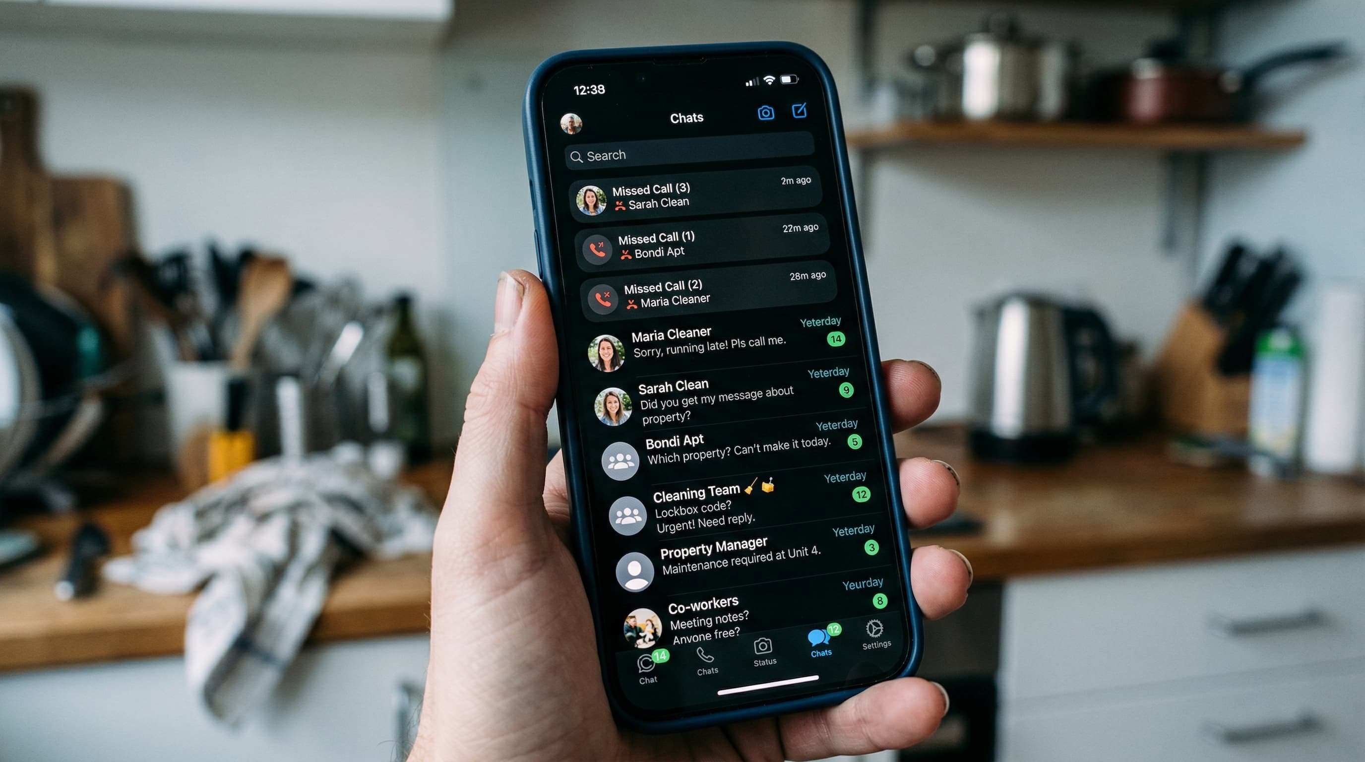 Phone screen overwhelmed with WhatsApp messages and calendar notifications from cleaners