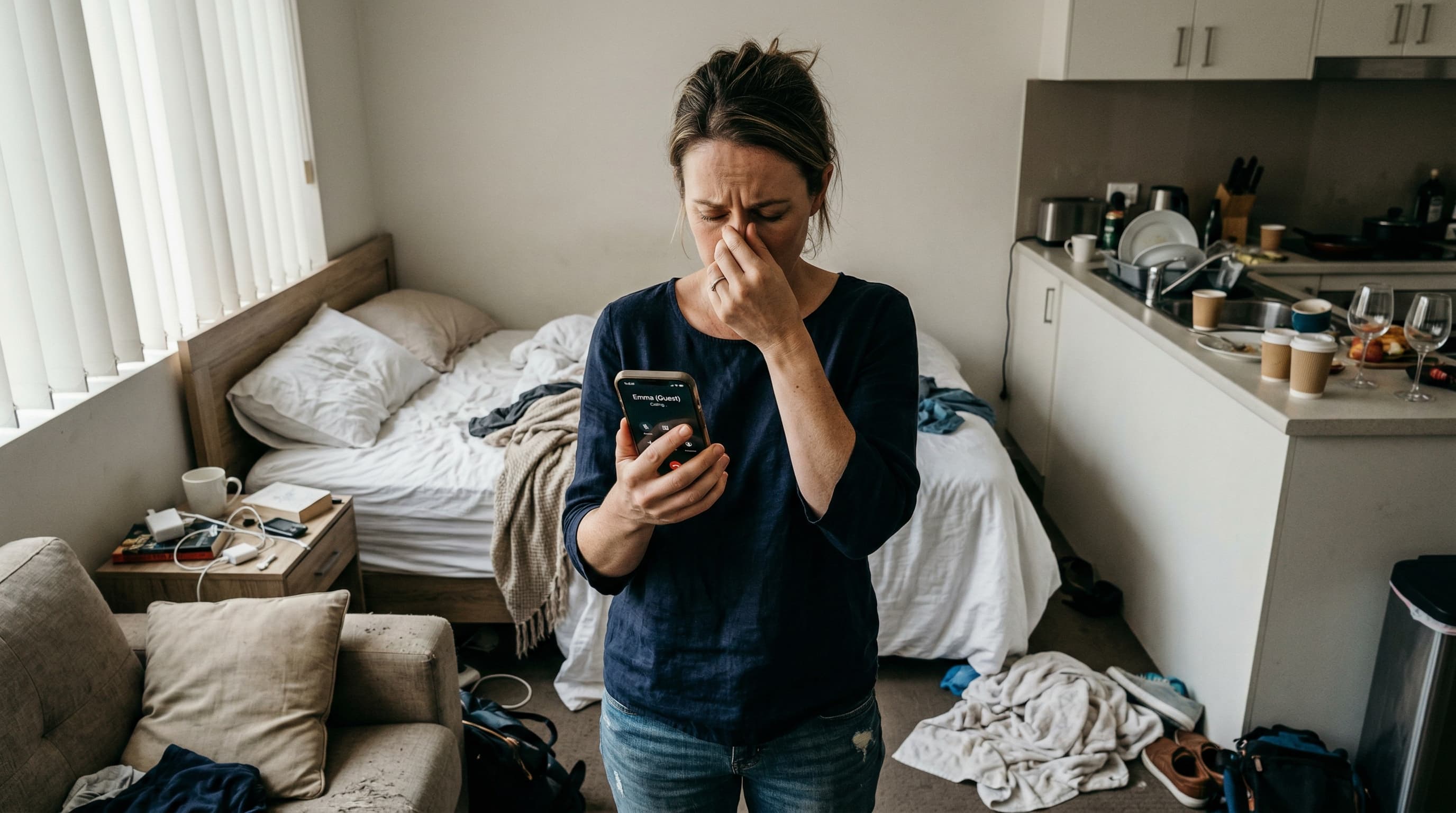 Stressed Airbnb host checking phone in messy apartment after missed turnover clean