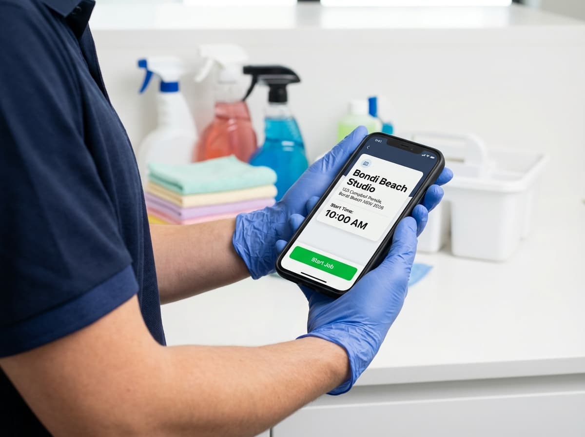 Cleaner holding phone showing Turnz job assignment with property details and checklist