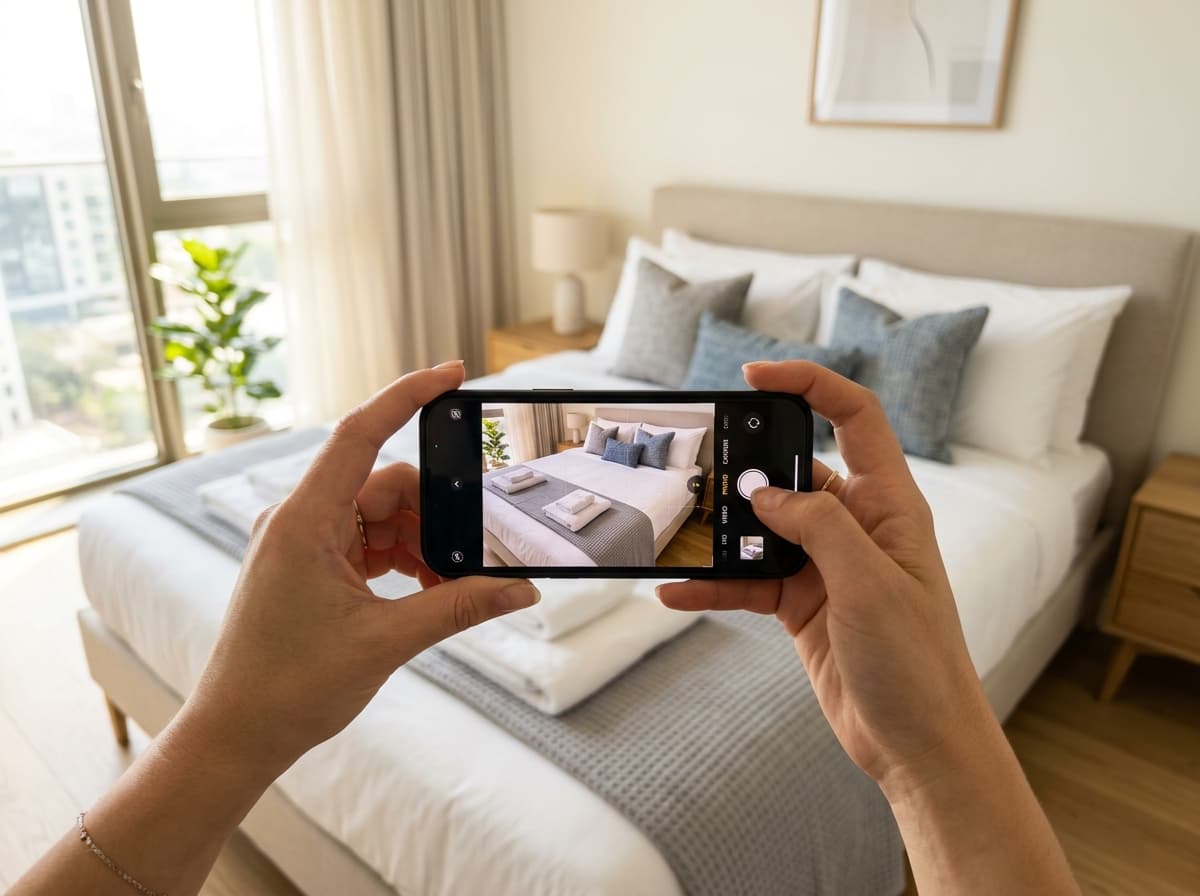 Cleaner taking photo of freshly made bed as proof of completed turnover clean